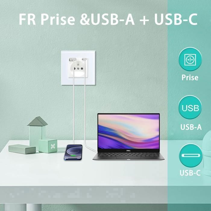Presa a muro - Presa a muro USB - Con porta USB e 1 porta Type-C - Presa di corrente da 16 A - USB da 2,1 A - Per smartphone e tablet