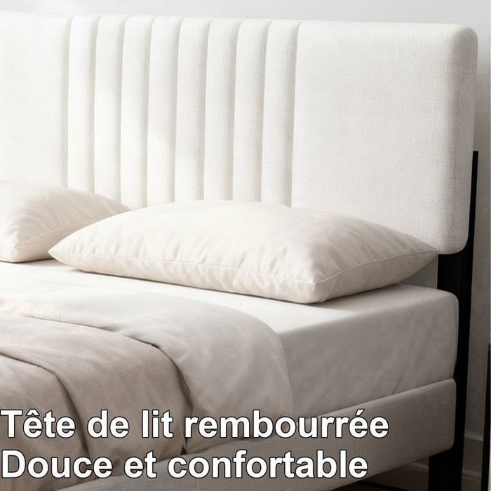 Cadre de Lit Double Réglable 140x190 cm,Tête de Lit Ren Lin, Double Support en Métal et Bois, Beige