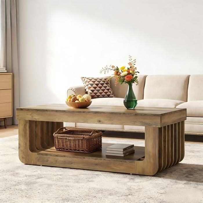 Mesa de centro para sala de estar - 120 × 60 × 45 cm - madeira, 2 níveis - textura de madeira natural - estrutura ripada - estilo rústico - marrom