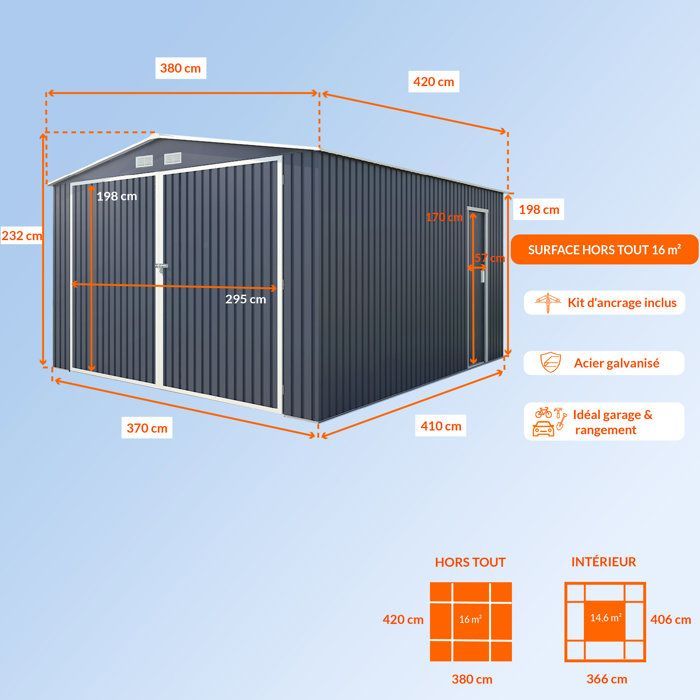 Casetta/garage da giardino in metallo da 16 m² - 380 x 420 x 232 cm - COMET - Kit di ancoraggio, 2 porte scorrevoli, 1 porta laterale - Grigio