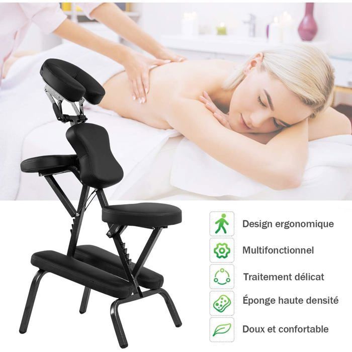 Silla de masaje portátil COSTWAY con bolsa de transporte, altura ajustable de 110 a 120 cm, silla ergonómica para spa/tatuaje, color negro.