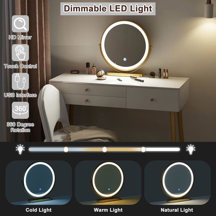 Tocador WOLTU con espejo LED ajustable y silla de terciopelo, mesa de maquillaje con 3 cajones, color crema y dorado W0ETT0047