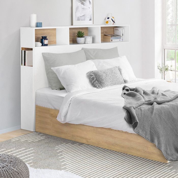 Cabecero independiente IDMARKET CLEO de 145 cm con almacenamiento cerrado y nichos, color blanco y efecto haya.