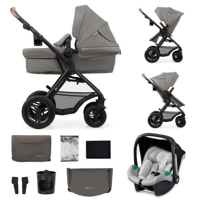 Sistema de viaje Kinderkraft MOOV2 AIR 3 en 1, desde el nacimiento hasta los 27 kg, incluye silla de coche Mink PRO I-Size, gris claro.