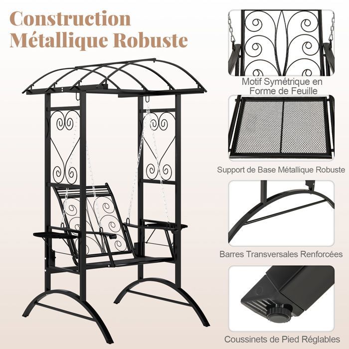 COSTWAY Balancelle de Jardin avec Toit Arqué & 2 Treillis pour Plantes, Tables Latérales, Coussins Amovibles