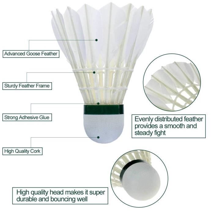 Badminton volants 12pcs, Goose plumes volants écurie et durable sports d'entraînement balles de badminton, blanc
