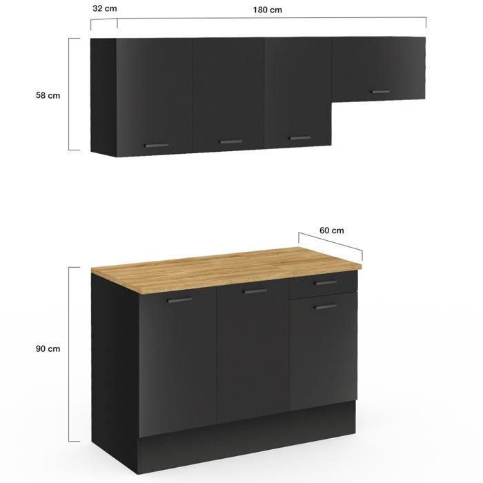 Cocina completa IDMARKET SUBTIL de 180 cm con encimera negra de 5 pulgadas y estantes de madera.