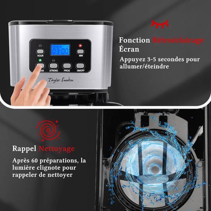 Cafeteira Taylor Swoden Darcy, 0% BPA. 950W, 1,5L. Temporizador programável de 24 horas, função manter aquecido por 40 minutos. Opção de café forte. Autolimpante.