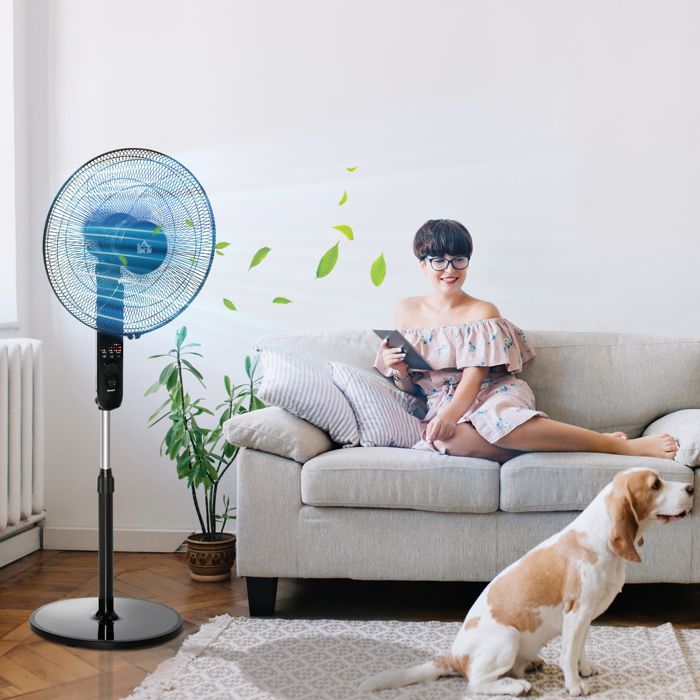 Ventilador de pedestal potente - HOMCOM - 45 W - altura regulable de 110 a 124 cm - mando a distancia - 3 velocidades, oscilación y temporizador