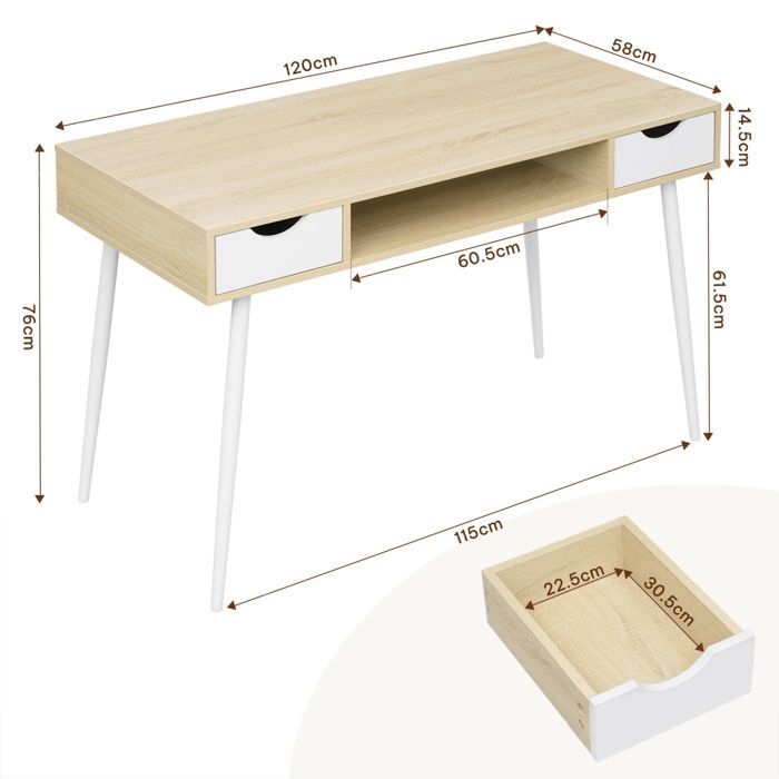 WOLTU Metal and Wood Computer Desk, Office Table with 2 Drawers and 1 Open Compartment, 120x58x77cm, Oak