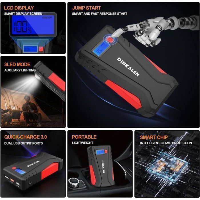 Arrancador de batería DINKALEN 12800 mAh - Arranque rápido de 1500 A - Cargador USB - Linterna LED de 3 modos