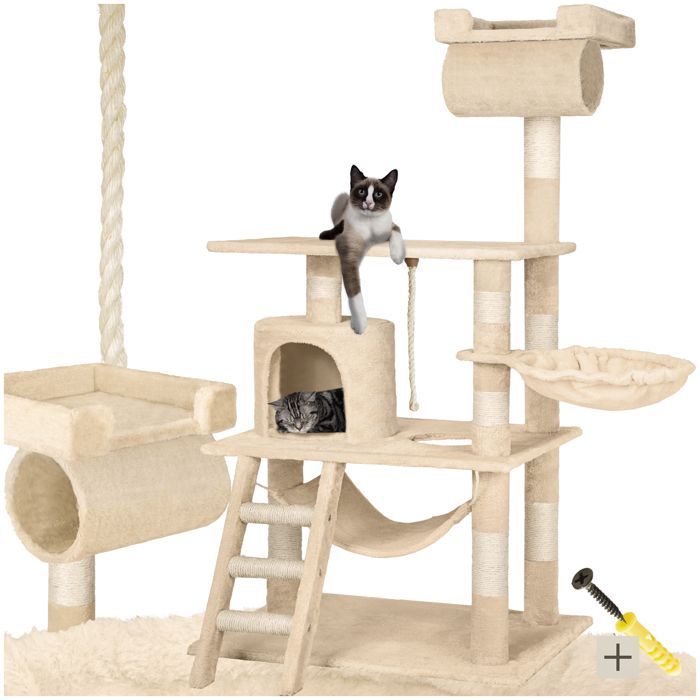 Arbre à chat - TECTAKE - Mobilier pour chat STOKELEY 141 cm de hauteur avec zones de couchage et cordelette - Beige