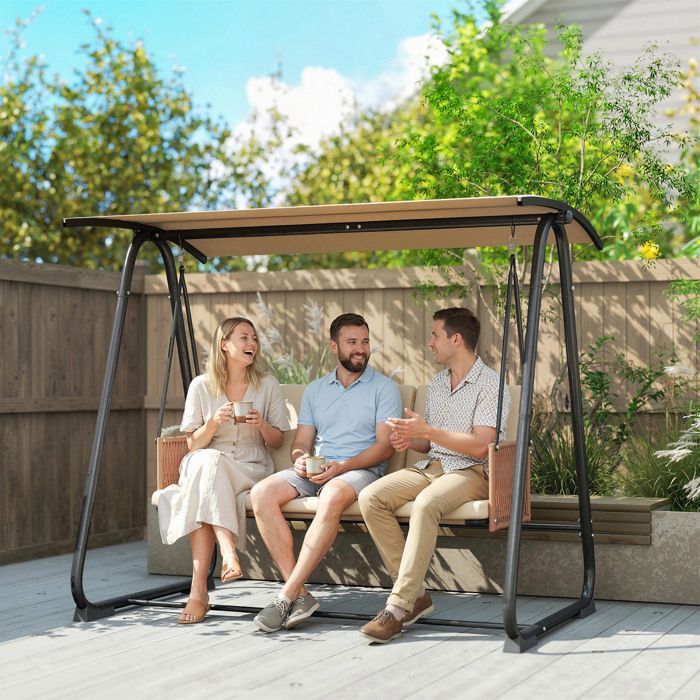 Balancelle de jardin - Outsunny - 3 places toit réglable structure acier robuste 360kg coussin 7cm - 203x121x165cm - sable