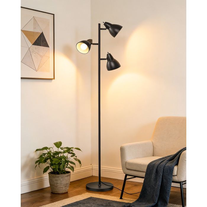 EDISHINE Floor Lamp for Living Room, 3 Adjustable Lights with Individual Switches, 3 E27 Bulbs Included, 163 cm, Black, Metal