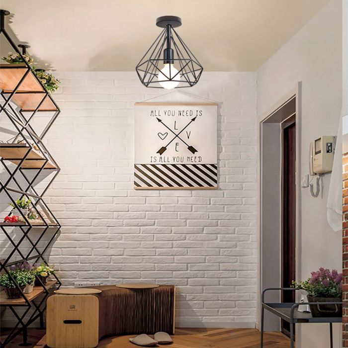 UNI Plafonnier Industrielle Cage Forme Diamant Noir Lustre Suspension Métal Luminaire Couloir Cuisine