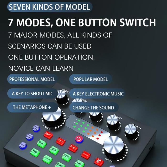 Kit microphone externe professionnel avec carte son live, 7 modes, effets vocaux, monitoring casque, streaming et karaoké, noir