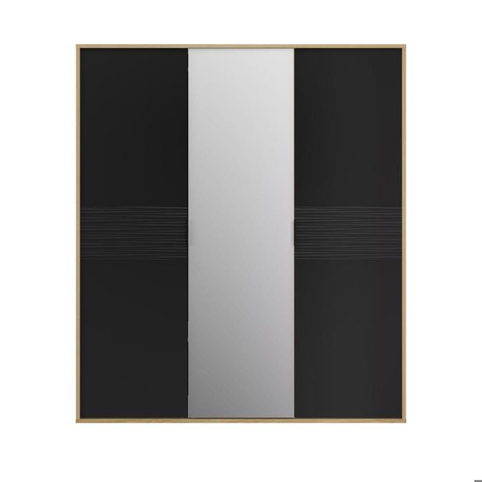 Armario de 3 puertas con efecto madera negra mate y espejo central.
