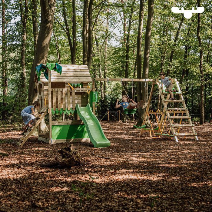Tour de jeux bois FATMOOSE TikaTaka Town XXL avec toboggan 220 cm vert sauge et bac à sable intégré – 10 ans de garantie*
