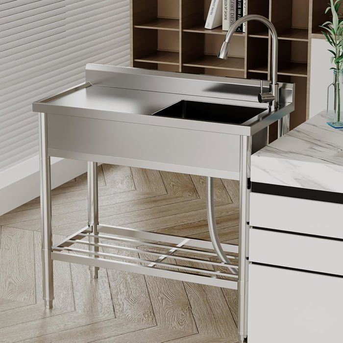 Fregadero de cocina de un solo seno con encimera de acero inoxidable con patas, fregadero con grifo de agua fría/caliente y escurridor para cocina, 100 * 51 * 95 cm