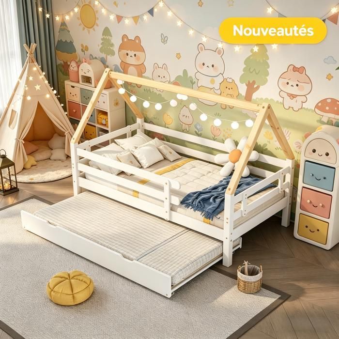 Letto a castello allungabile 90 x 200 cm, letto estraibile per bambini, in legno massello di pino, con rete a doghe inclusa, colore bianco e naturale.