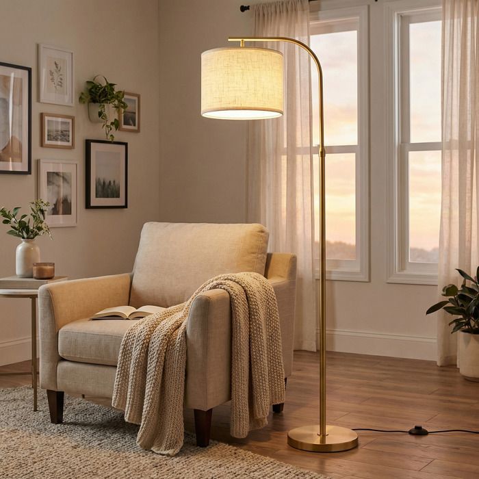 Lampadaire Arc Réglable en Hauteur, 150–175 cm, avec Interrupteur au Pied, Douille E27, Doré