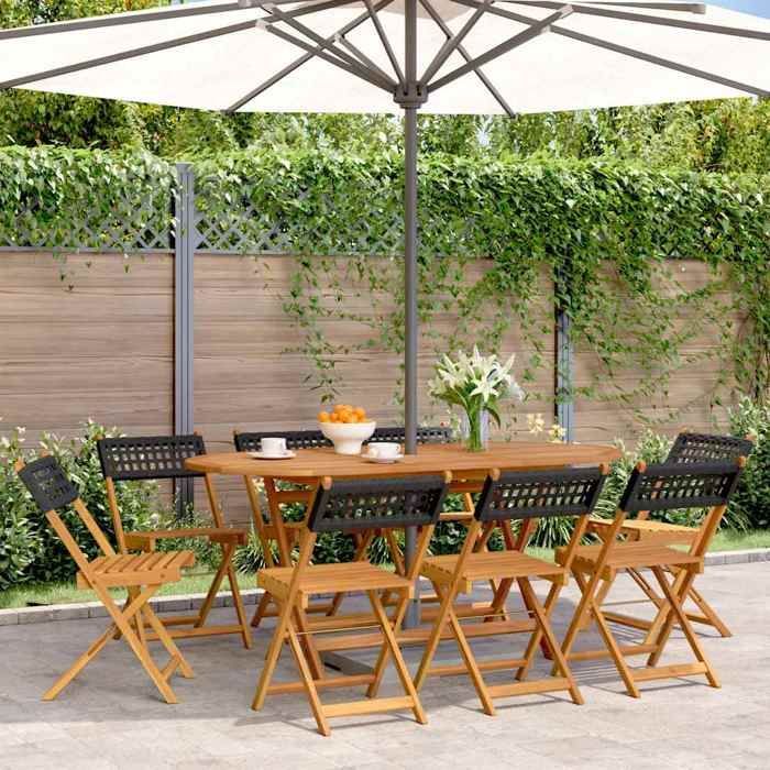 Sedie da giardino pieghevoli - vidaXL - Set da 8 - Nere - Poly rattan - Legno massello di acacia - 41x52,5x80 cm