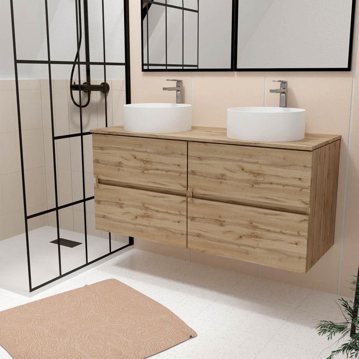 Badezimmer-Waschtischunterschrank 120 cm mit 4 Schubladen in Eiche natur - 2 runde 36 cm weiße Keramikwaschbecken