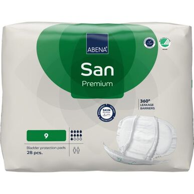 Abena San Premium 360 noplūdes barjeras, 9 nesaturēšanas ieliktņi, anatomiska forma, 28 vienības.
