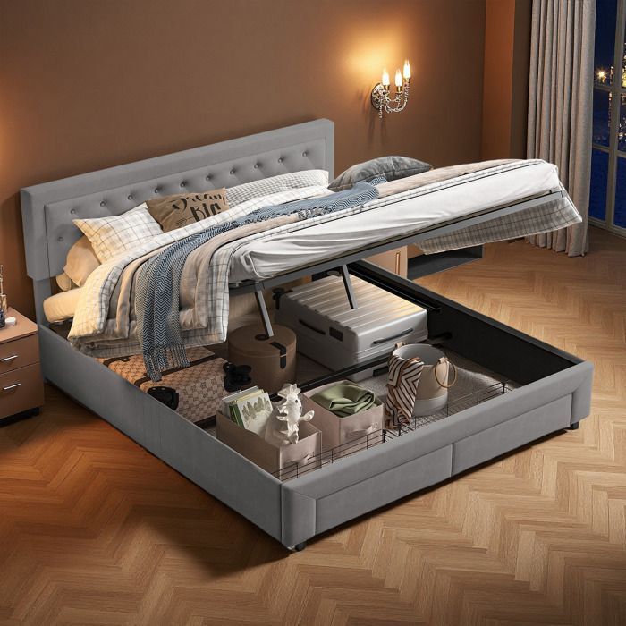 Lit 180x200 cm - COZY - tissu en velours - sommier - hydraulique - cadre de lit adulte 180x200 cm - gris