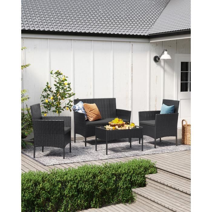 Conjunto de mesa y sillas de jardín SONGMICS - Negro y gris - Superficie tejida de PE - 4 piezas