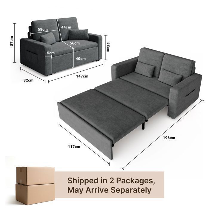 Canapé Convertible - Bealife - Canapé Lit 2 Place - 2 Oreillers - 2 Poches Latérale - Réversible - Tissu Chenille Gris