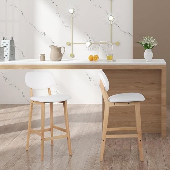WOLTU Set of 2 Faux Leather and Wood Bar Stools with Backrest, 43x37.5x91.5cm, White