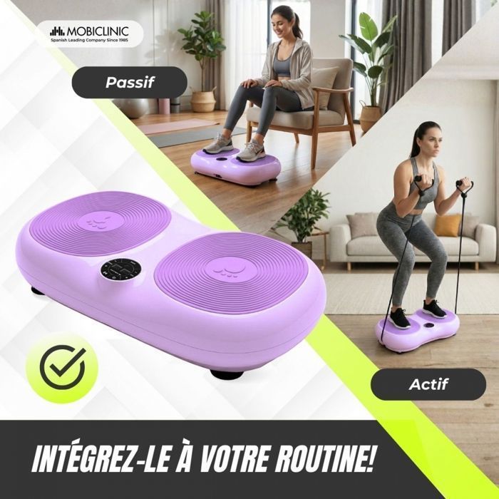 Plataforma vibratoria Mobiclinic con control remoto, 99 niveles de velocidad, bandas de resistencia, 9 programas, pantalla morada, Karol