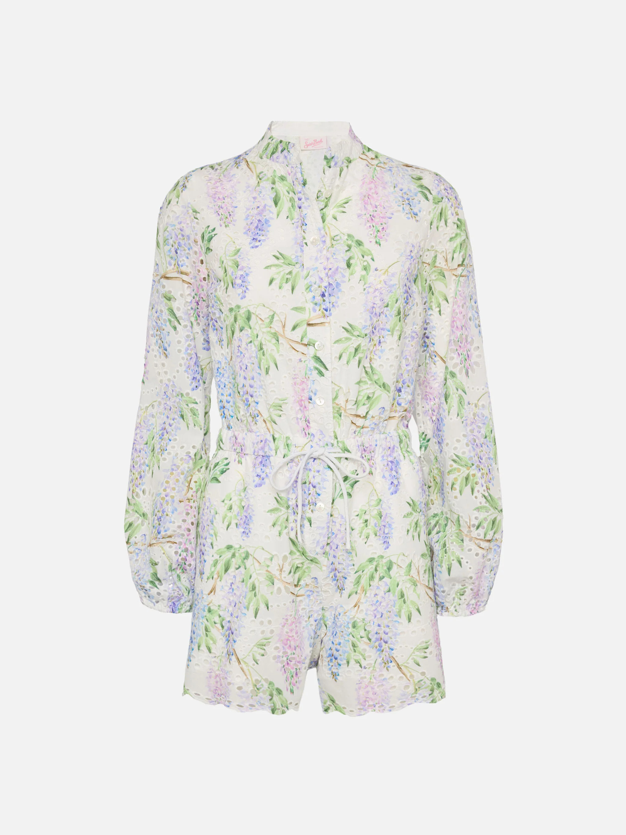 Julian korte jumpsuit van Sangallo kant en katoen met bloemenprint.