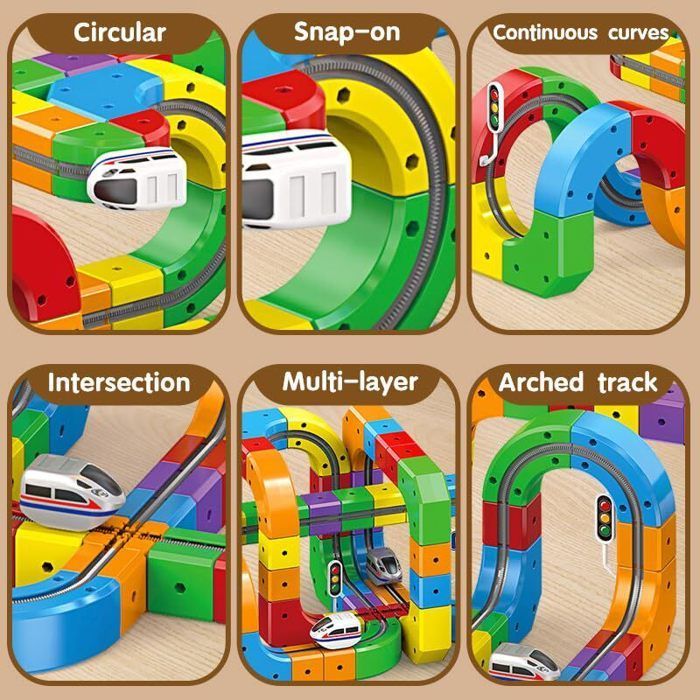 Tren de juguete de 81 piezas: vías eléctricas antigravedad 3D con tren motorizado y señales de tráfico.
