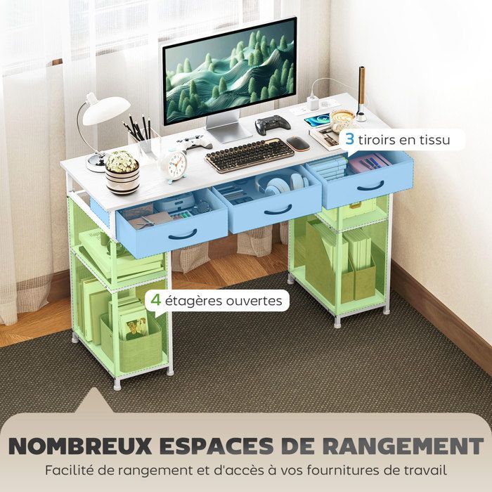 Desk with storage - HOMCOM - power outlets, 3 fabric drawers and 4 storage shelves - 120 x 40 x 76 cm - white