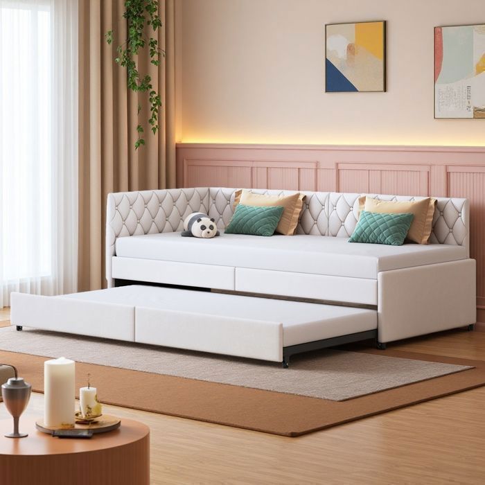 Canapé-Lit Clic-Clac 90x200 cm Déplié 180x200 cm - Velours Beige - Convertible Design Losange Capitonné
