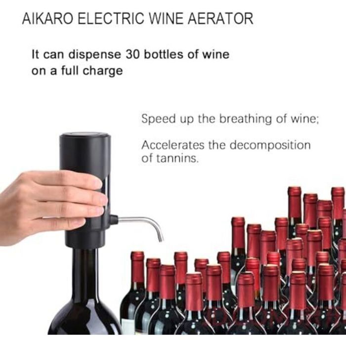 Aerador de vinho elétrico recarregável com bico dosador, decantador automático, saca-rolhas e rolha a vácuo (conjunto)