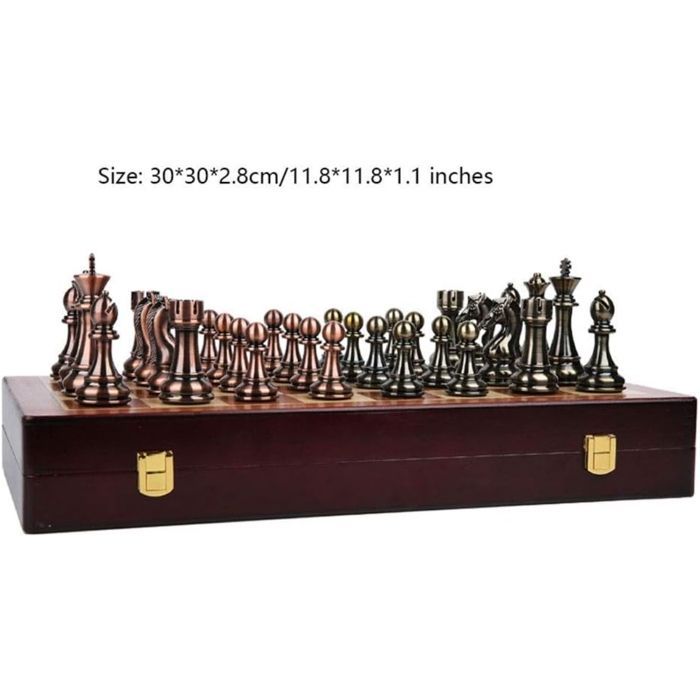 Retro chess set, gift, travel game, portable folding wooden chessboard, metal chess pieces