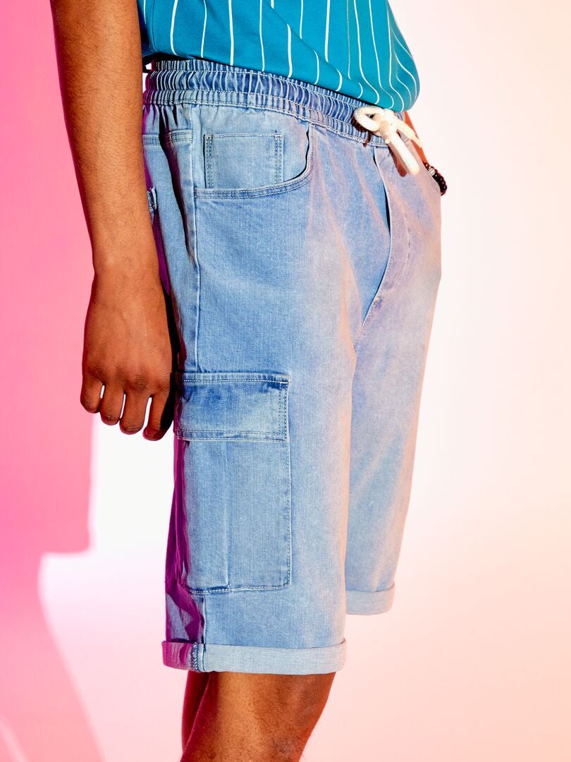 Denim bermudashorts met cargozakken - Blauw