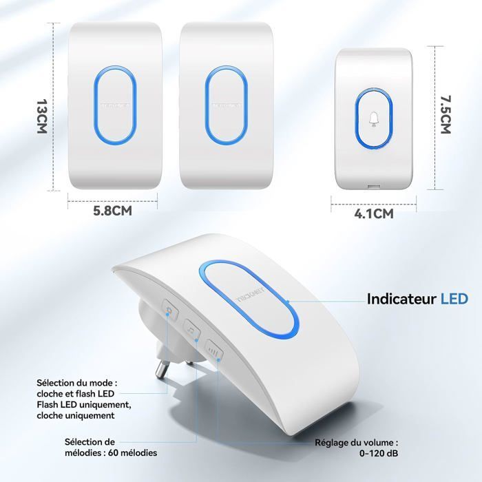 FLEUVE - DOORBELL KIT - Wireless Doorbell 400M, IP65 Waterproof, 60 Melodies, 5 Volumes, 2 Receivers, White LED