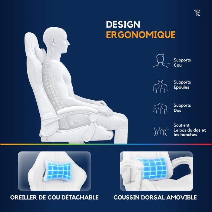 Chaise Gaming Ranqer Apollo BLANC - Fauteuil de Bureau Gamer Confortable - Siège Ergonomique Ajustable