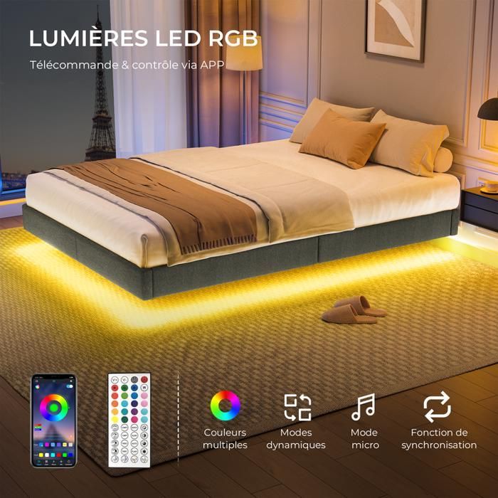 Cama HavenlyHome 180x200 cm, Cama de Linho com Luzes LED RGB, Base de Ripas, Pés Ocultos, Cama de Adulto para 2 Pessoas, Cinza