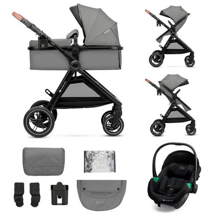 Kinderkraft ESME PRO 3-in-1 Travel System, MINK PRO 2 i-Size Car Seat Included, Puncture-Proof TPE Wheels, Compact Fold, Grey