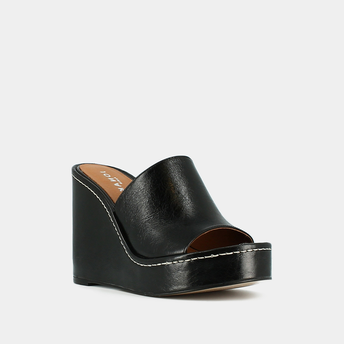 Mules compensées  en cuir vieilli noir