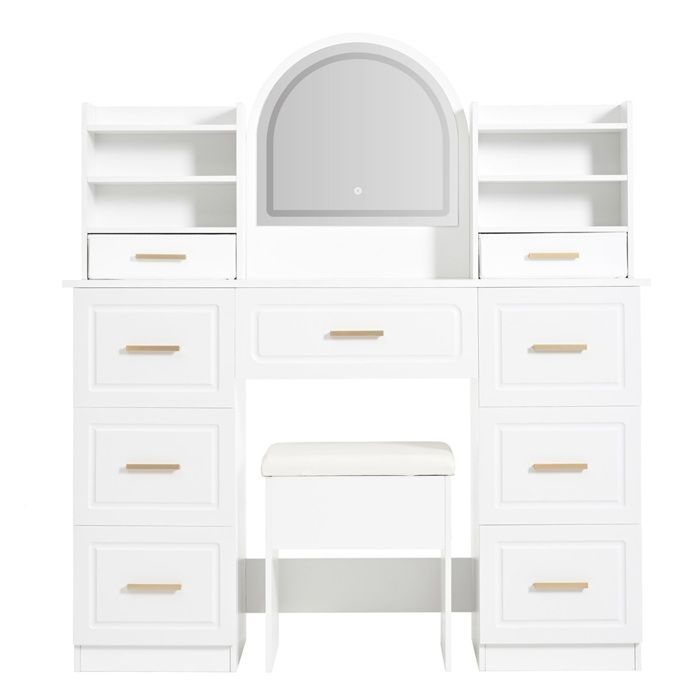 Table de Maquillage 9 Tiroirs avec Miroir LED, Coiffeuse Blanc pour Chambre & Salon (120x40x135cm)