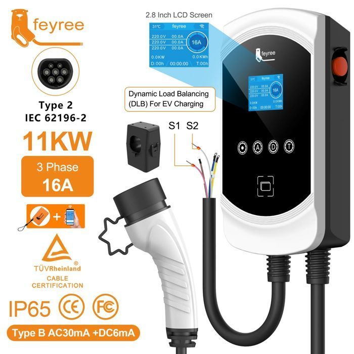 Stazione di ricarica per auto elettriche con cavo di tipo 2, 32A, ricarica dinamica 11kW, EVSE Wallbox, funzione APP.