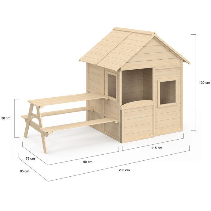 Casita de juegos infantil de madera IDMARKET ODYSSEY, casita de juegos exterior con mesa de picnic integrada.