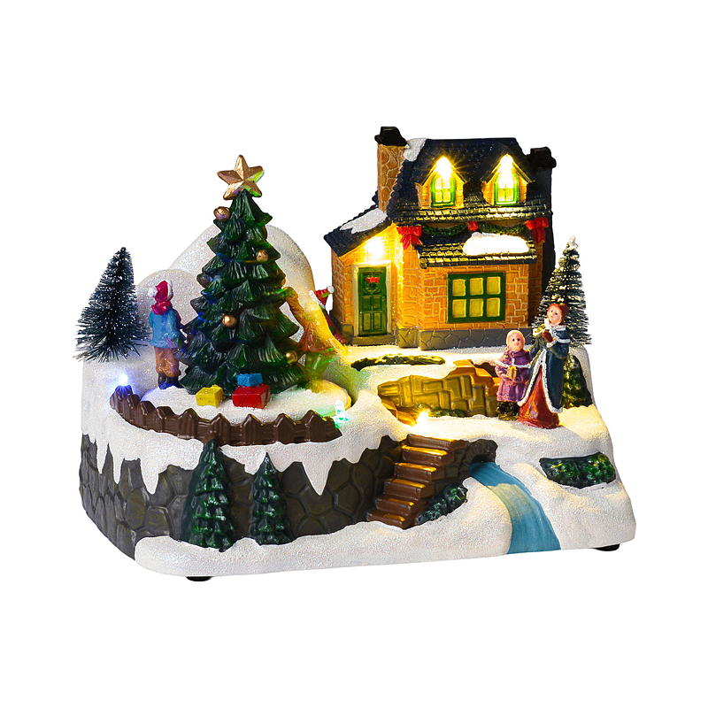 Chalet de village de Noël avec bonhomme de neige, chalet avec sapin de Noël