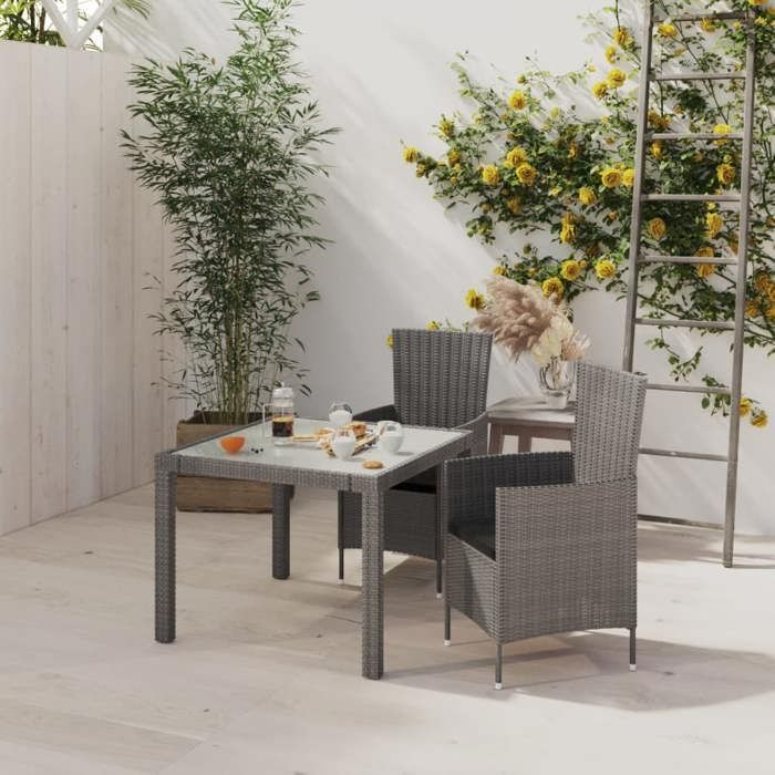 Conjunto de comedor de exterior - vidaXL - Resina de mimbre - Gris - Mesa 90x90x75 cm - Silla 61x60x88 cm